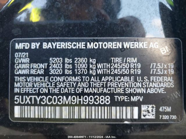 Photo 8 VIN: 5UXTY3C03M9H99388 - BMW X3 