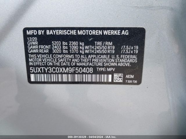 Photo 8 VIN: 5UXTY3C0XM9F50408 - BMW X3 