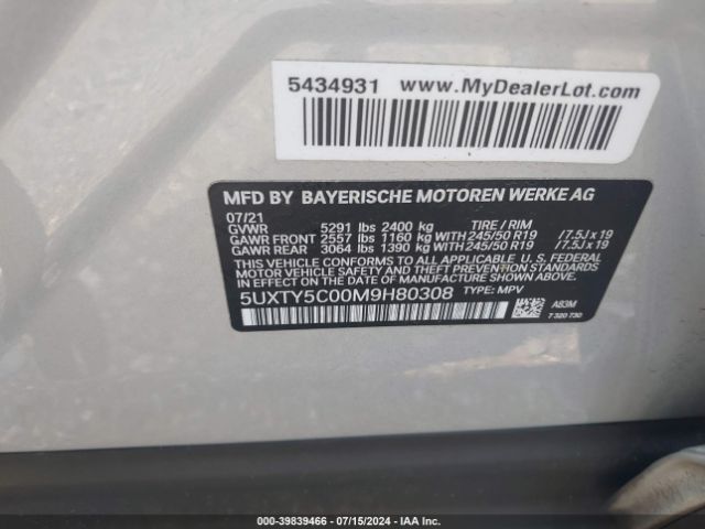 Photo 8 VIN: 5UXTY5C00M9H80308 - BMW X3 