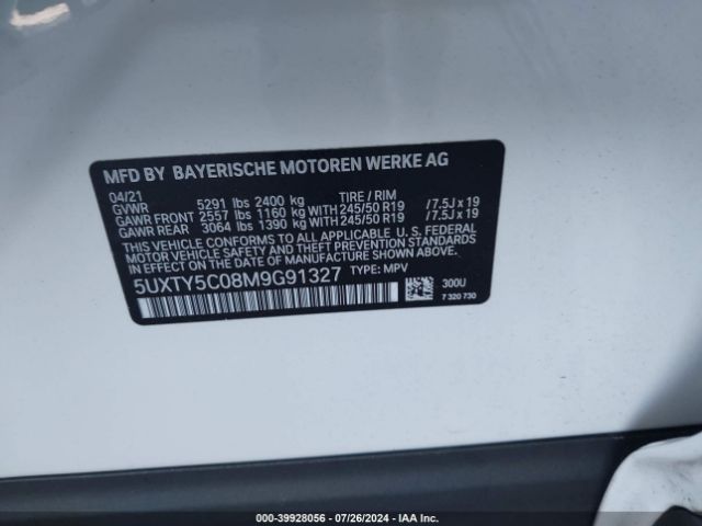 Photo 8 VIN: 5UXTY5C08M9G91327 - BMW X3 