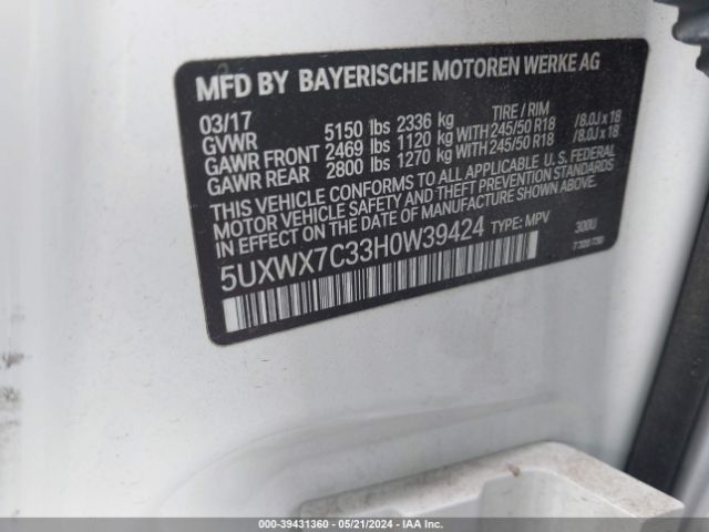 Photo 8 VIN: 5UXWX7C33H0W39424 - BMW X3 