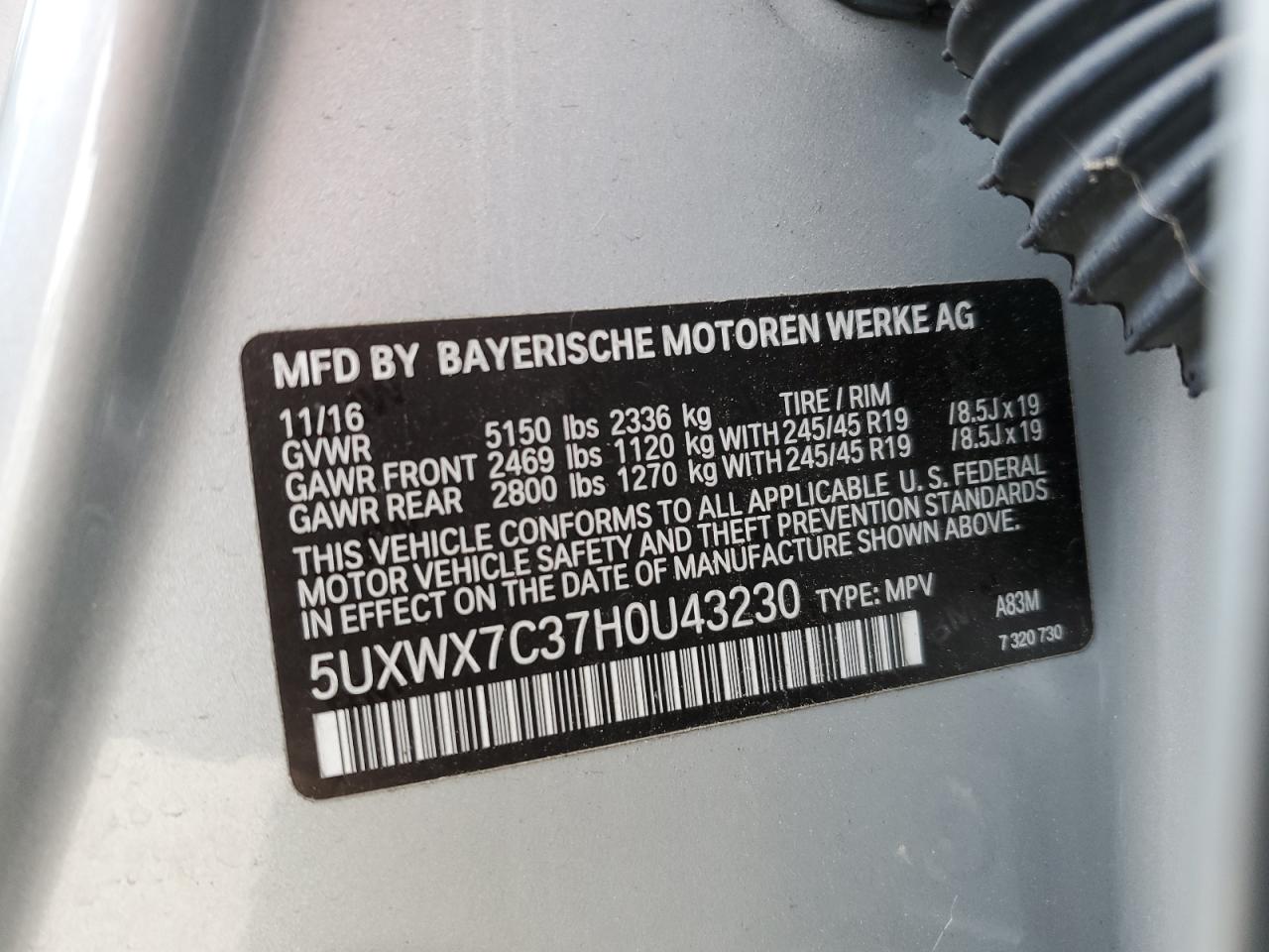 Photo 12 VIN: 5UXWX7C37H0U43230 - BMW X3 