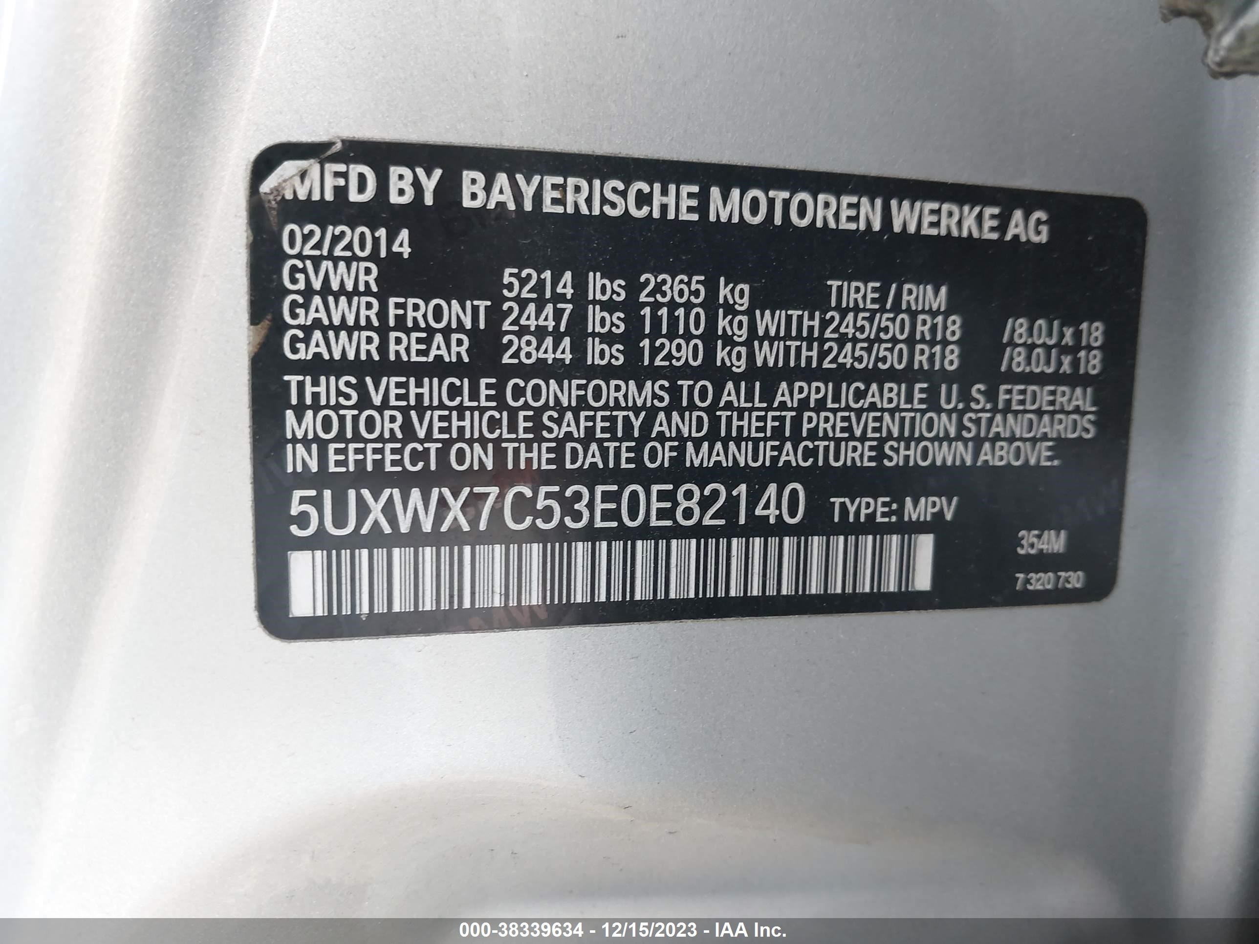 Photo 8 VIN: 5UXWX7C53E0E82140 - BMW X3 