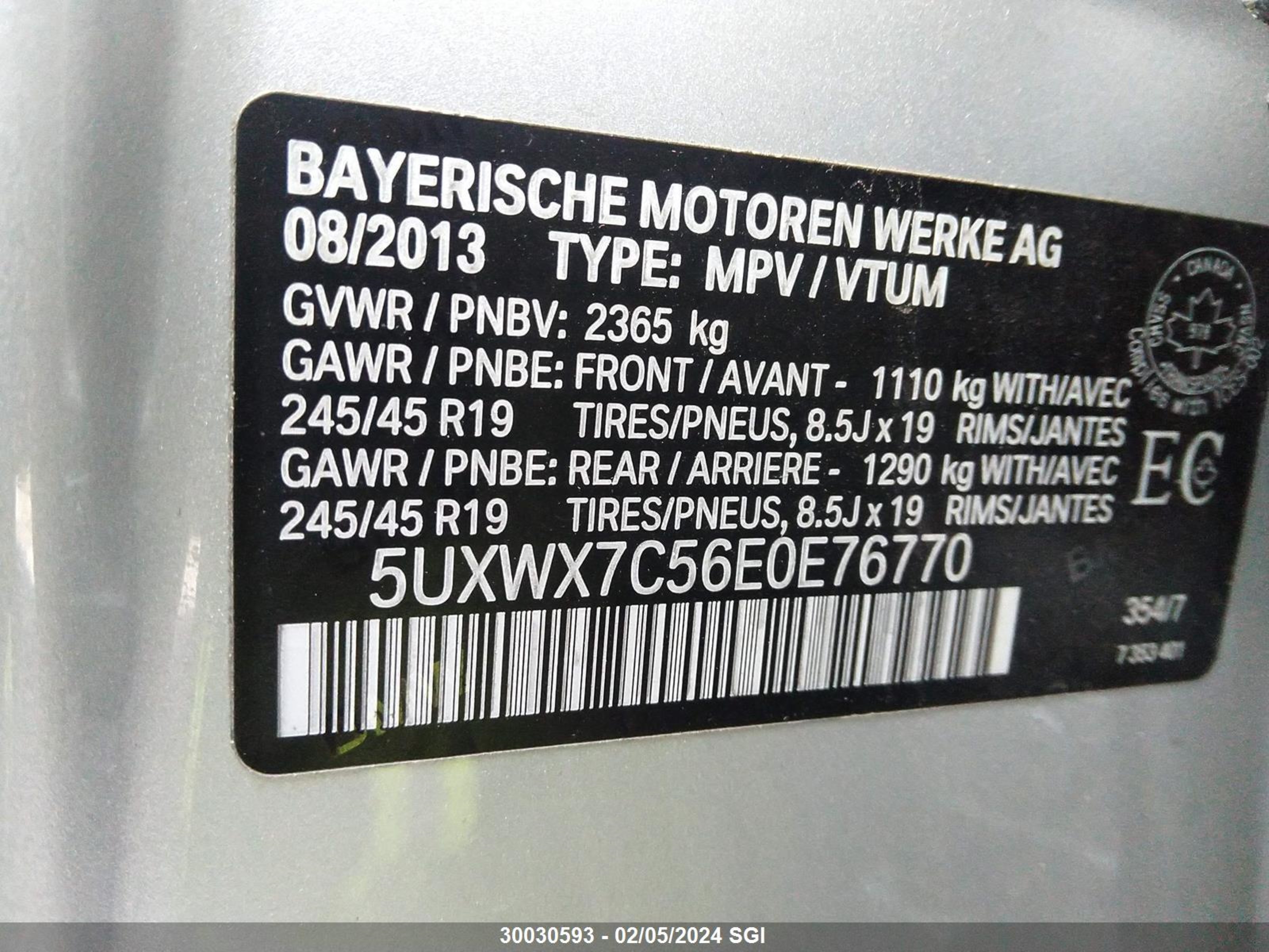 Photo 8 VIN: 5UXWX7C56E0E76770 - BMW X3 