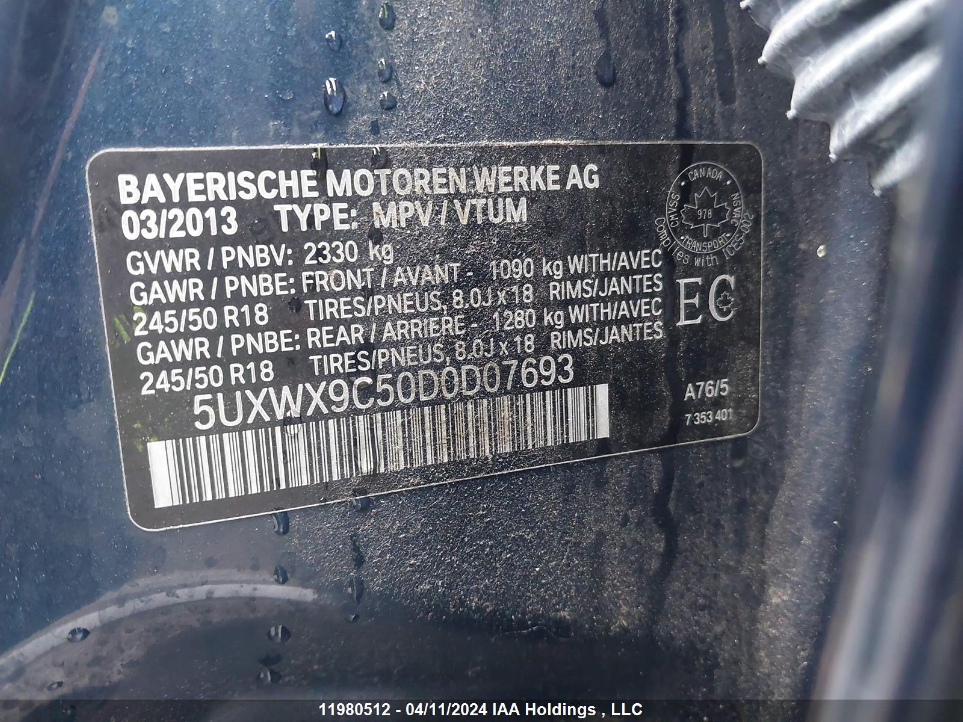 Photo 8 VIN: 5UXWX9C50D0D07693 - BMW X3 