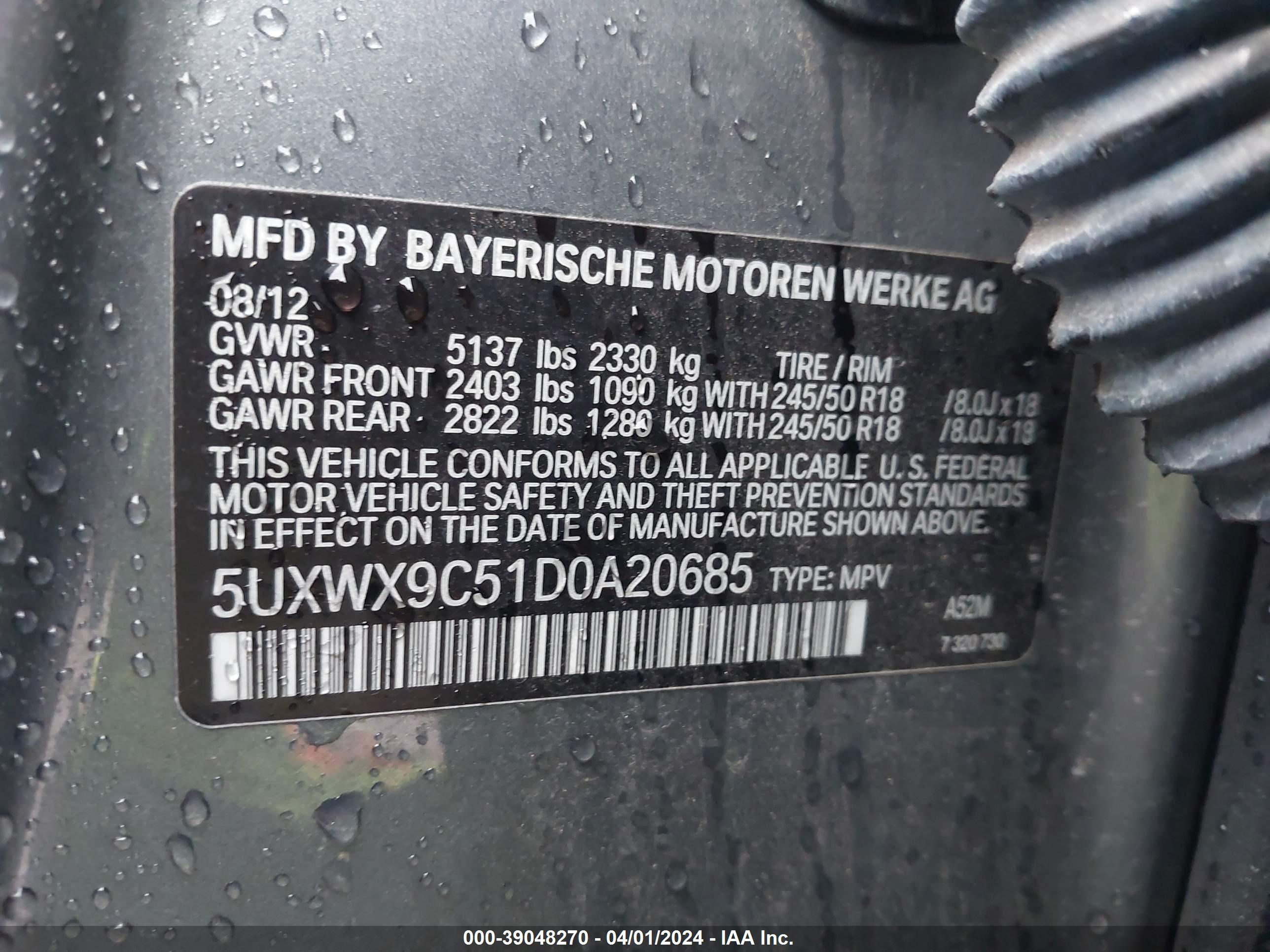 Photo 8 VIN: 5UXWX9C51D0A20685 - BMW X3 