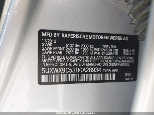 Photo 8 VIN: 5UXWX9C53D0A28934 - BMW X3 