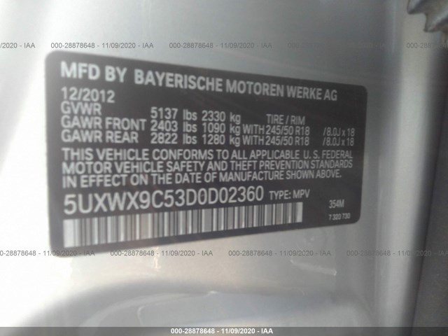 Photo 8 VIN: 5UXWX9C53D0D02360 - BMW X3 