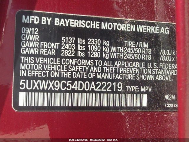 Photo 8 VIN: 5UXWX9C54D0A22219 - BMW X3 