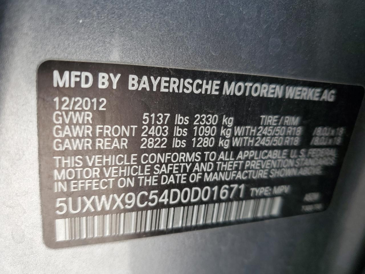 Photo 12 VIN: 5UXWX9C54D0D01671 - BMW X3 