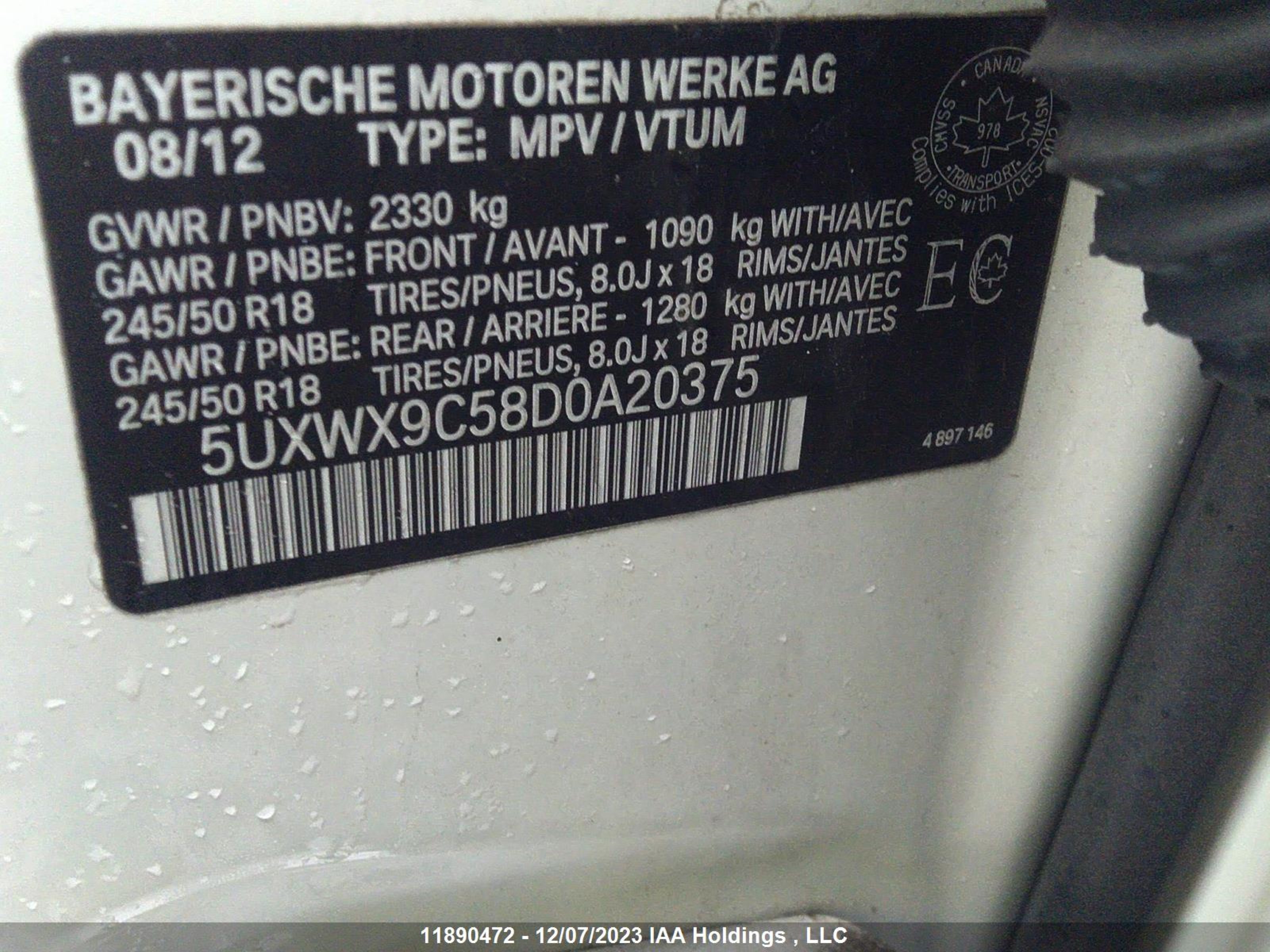 Photo 8 VIN: 5UXWX9C58D0A20375 - BMW X3 