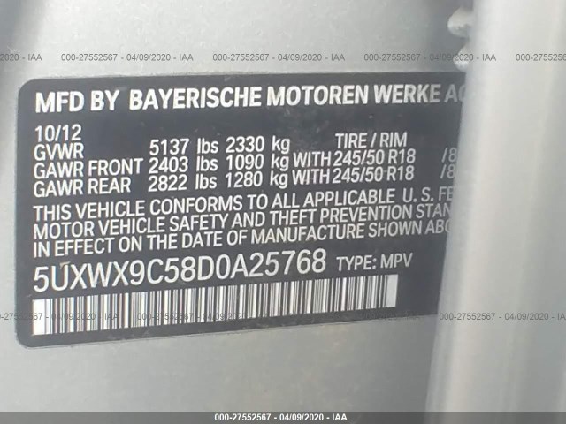 Photo 8 VIN: 5UXWX9C58D0A25768 - BMW X3 