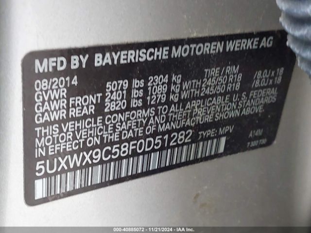 Photo 8 VIN: 5UXWX9C58F0D51282 - BMW X3 