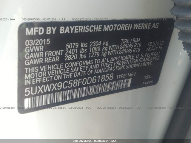 Photo 8 VIN: 5UXWX9C58F0D61858 - BMW X3 