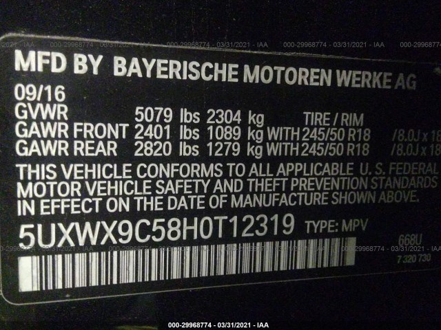 Photo 8 VIN: 5UXWX9C58H0T12319 - BMW X3 