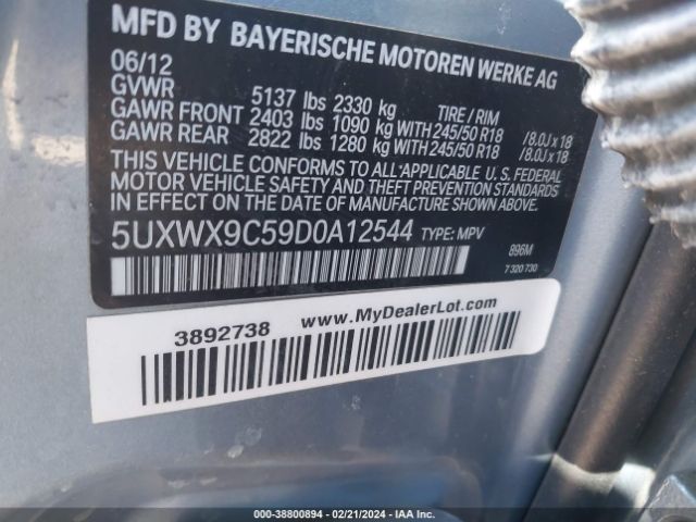 Photo 8 VIN: 5UXWX9C59D0A12544 - BMW X3 