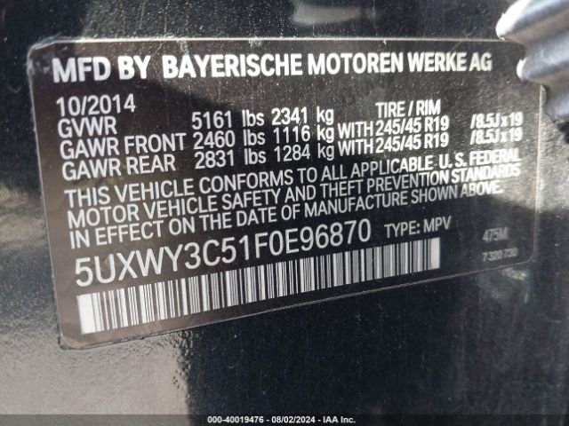 Photo 8 VIN: 5UXWY3C51F0E96870 - BMW X3 