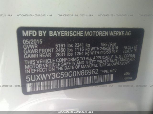 Photo 8 VIN: 5UXWY3C59G0N86962 - BMW X3 