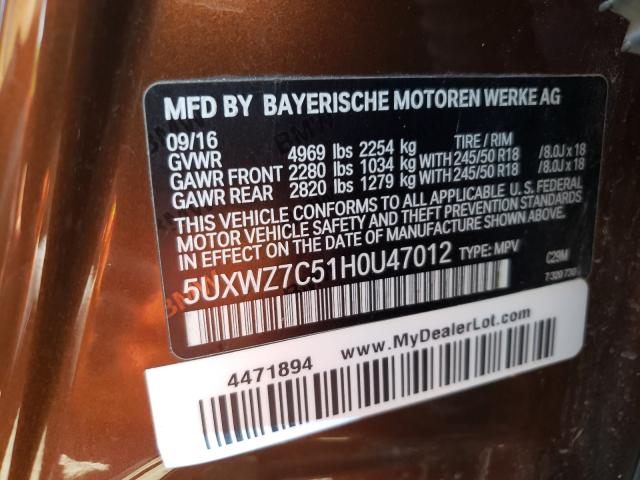 Photo 9 VIN: 5UXWZ7C51H0U47012 - BMW X3 