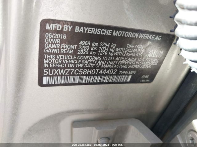 Photo 8 VIN: 5UXWZ7C58H0T44492 - BMW X3 