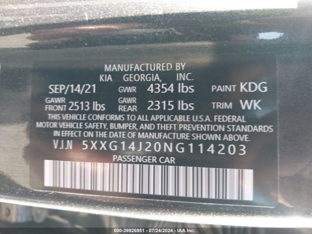 Photo 8 VIN: 5XXG14J20NG114203 - KIA K5 