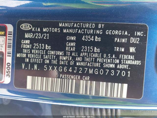 Photo 8 VIN: 5XXG64J27MG073701 - KIA K5 