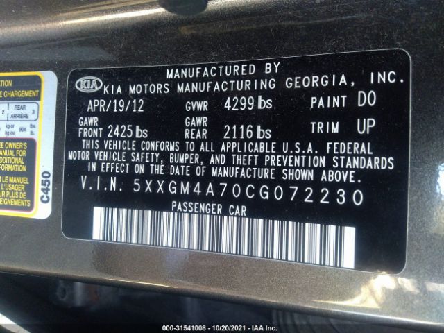 Photo 8 VIN: 5XXGM4A70CG072230 - KIA OPTIMA 