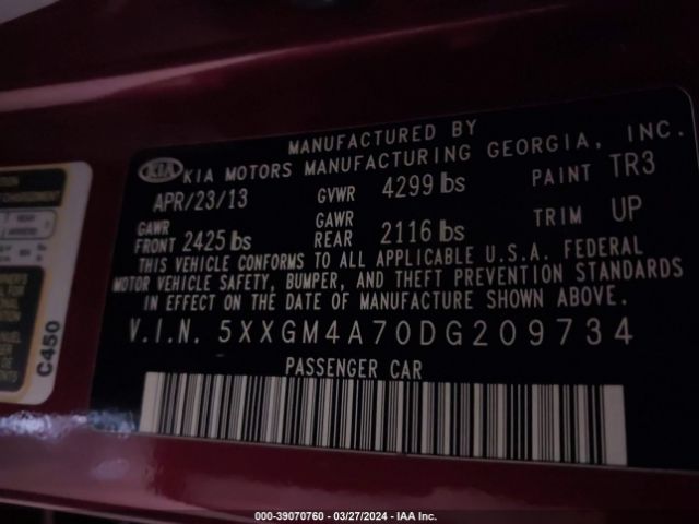 Photo 8 VIN: 5XXGM4A70DG209734 - KIA OPTIMA 