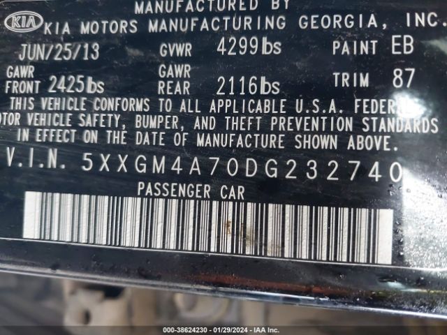 Photo 8 VIN: 5XXGM4A70DG232740 - KIA OPTIMA 