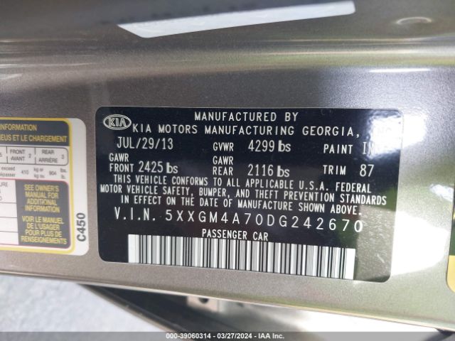 Photo 8 VIN: 5XXGM4A70DG242670 - KIA OPTIMA 