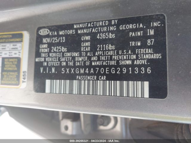 Photo 8 VIN: 5XXGM4A70EG291336 - KIA OPTIMA 