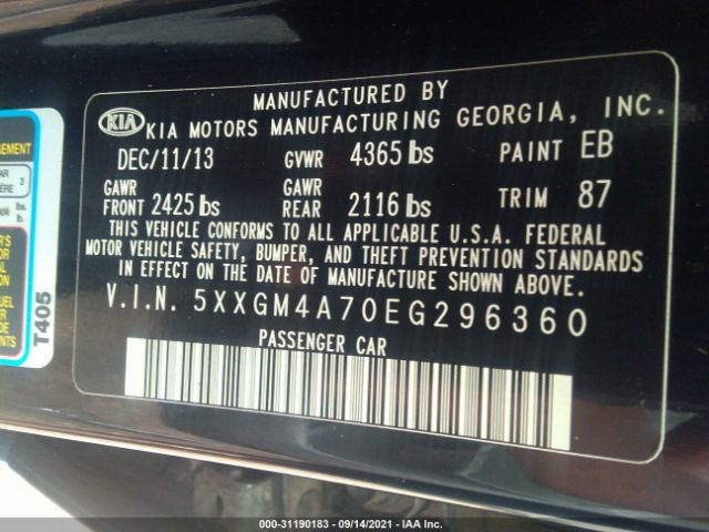 Photo 8 VIN: 5XXGM4A70EG296360 - KIA OPTIMA 