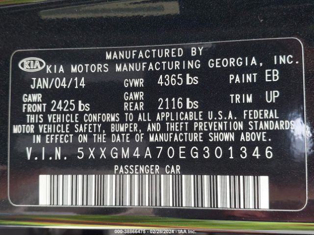 Photo 8 VIN: 5XXGM4A70EG301346 - KIA OPTIMA 