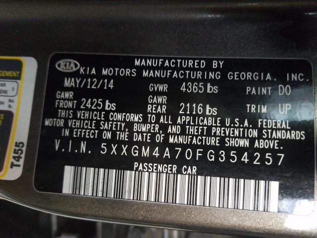 Photo 9 VIN: 5XXGM4A70FG354257 - KIA OPTIMA LX 