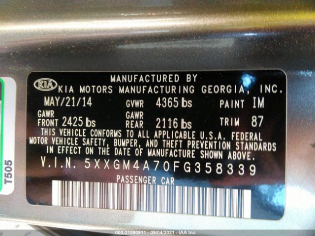 Photo 8 VIN: 5XXGM4A70FG358339 - KIA OPTIMA 