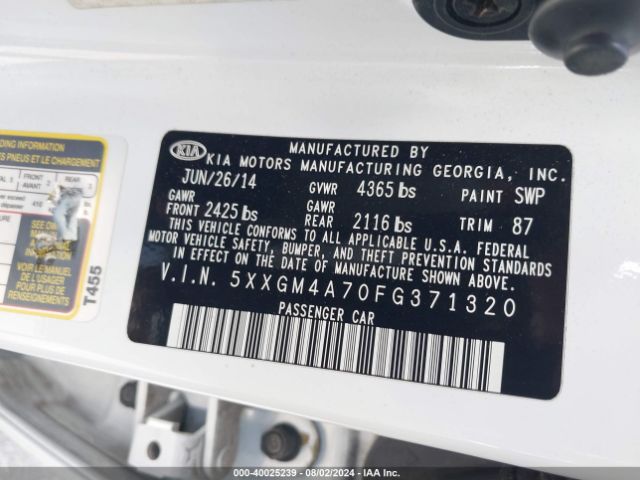 Photo 8 VIN: 5XXGM4A70FG371320 - KIA OPTIMA LX 