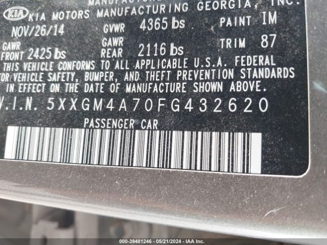 Photo 8 VIN: 5XXGM4A70FG432620 - KIA OPTIMA 