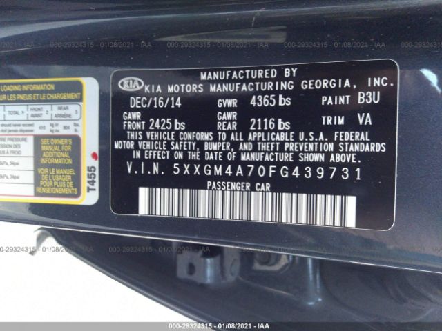 Photo 8 VIN: 5XXGM4A70FG439731 - KIA OPTIMA 