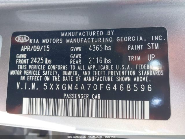 Photo 8 VIN: 5XXGM4A70FG468596 - KIA OPTIMA 