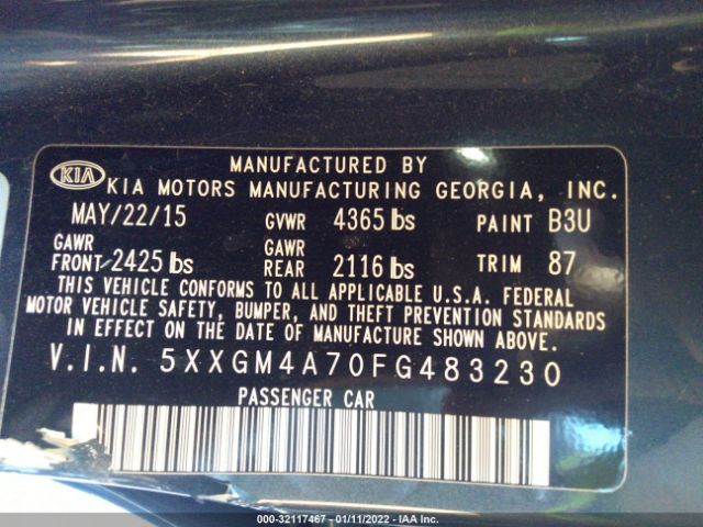 Photo 8 VIN: 5XXGM4A70FG483230 - KIA OPTIMA 