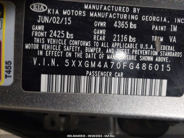 Photo 8 VIN: 5XXGM4A70FG486015 - KIA OPTIMA 