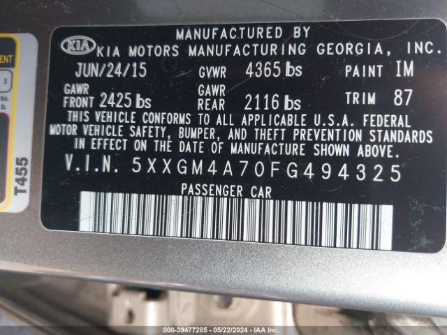 Photo 8 VIN: 5XXGM4A70FG494325 - KIA OPTIMA 