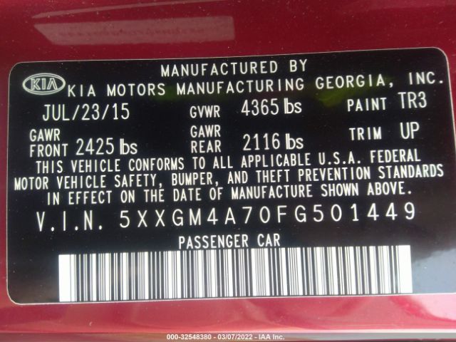 Photo 8 VIN: 5XXGM4A70FG501449 - KIA OPTIMA 