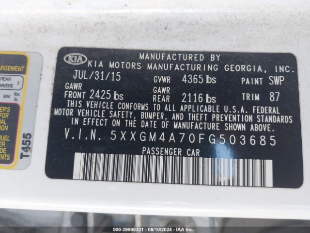 Photo 8 VIN: 5XXGM4A70FG503685 - KIA OPTIMA 