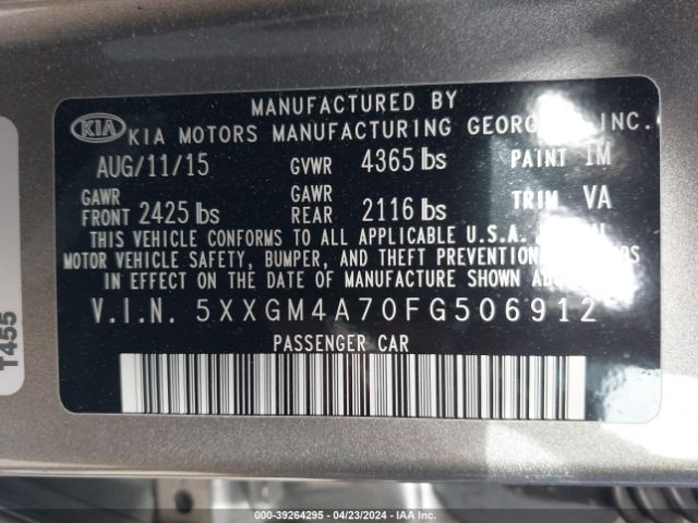 Photo 8 VIN: 5XXGM4A70FG506912 - KIA OPTIMA 