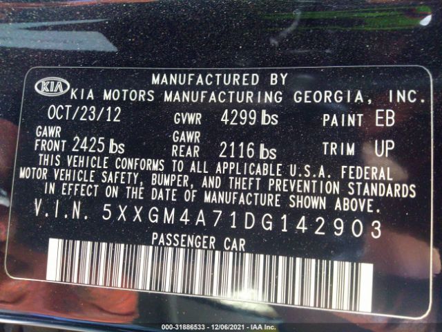 Photo 8 VIN: 5XXGM4A71DG142903 - KIA OPTIMA 