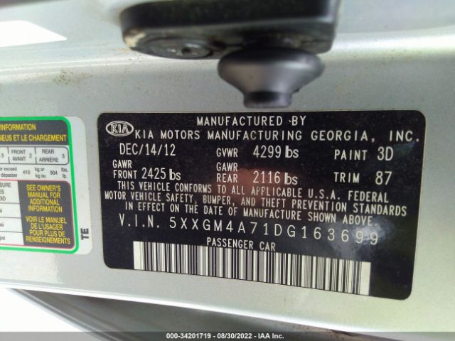 Photo 8 VIN: 5XXGM4A71DG163699 - KIA OPTIMA 