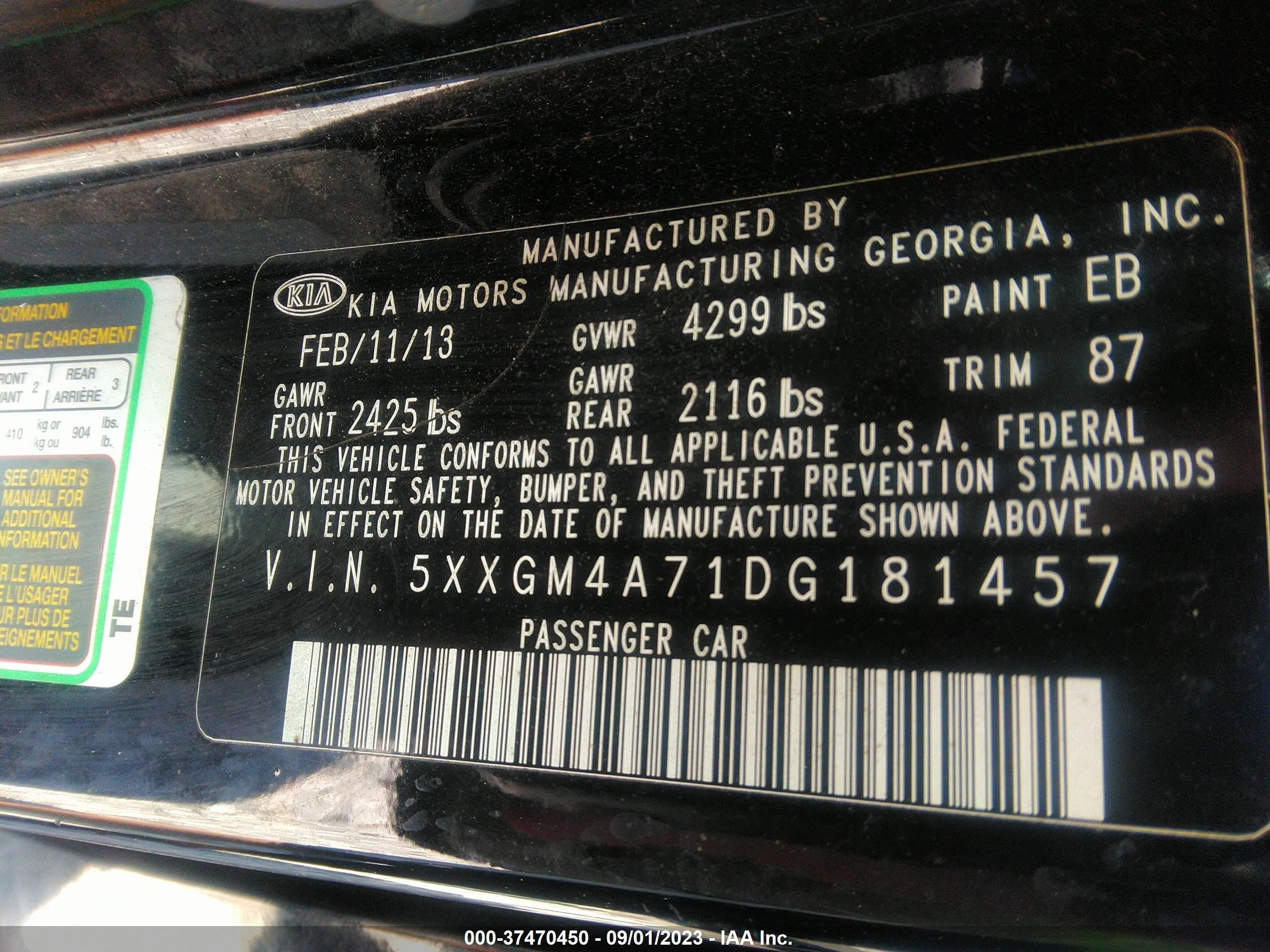 Photo 8 VIN: 5XXGM4A71DG181457 - KIA OPTIMA 