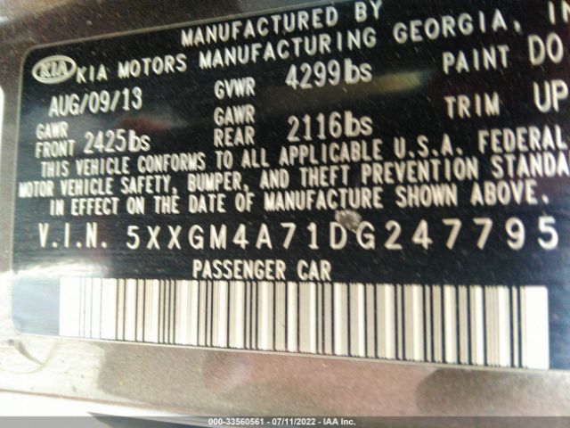 Photo 8 VIN: 5XXGM4A71DG247795 - KIA OPTIMA 