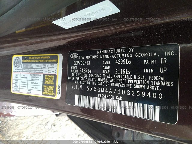 Photo 8 VIN: 5XXGM4A71DG259400 - KIA OPTIMA 